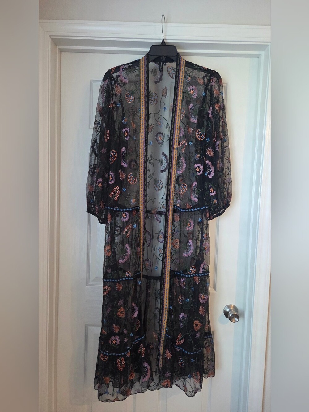 Black Sheer Embroidered Floral Kimono - Unbranded